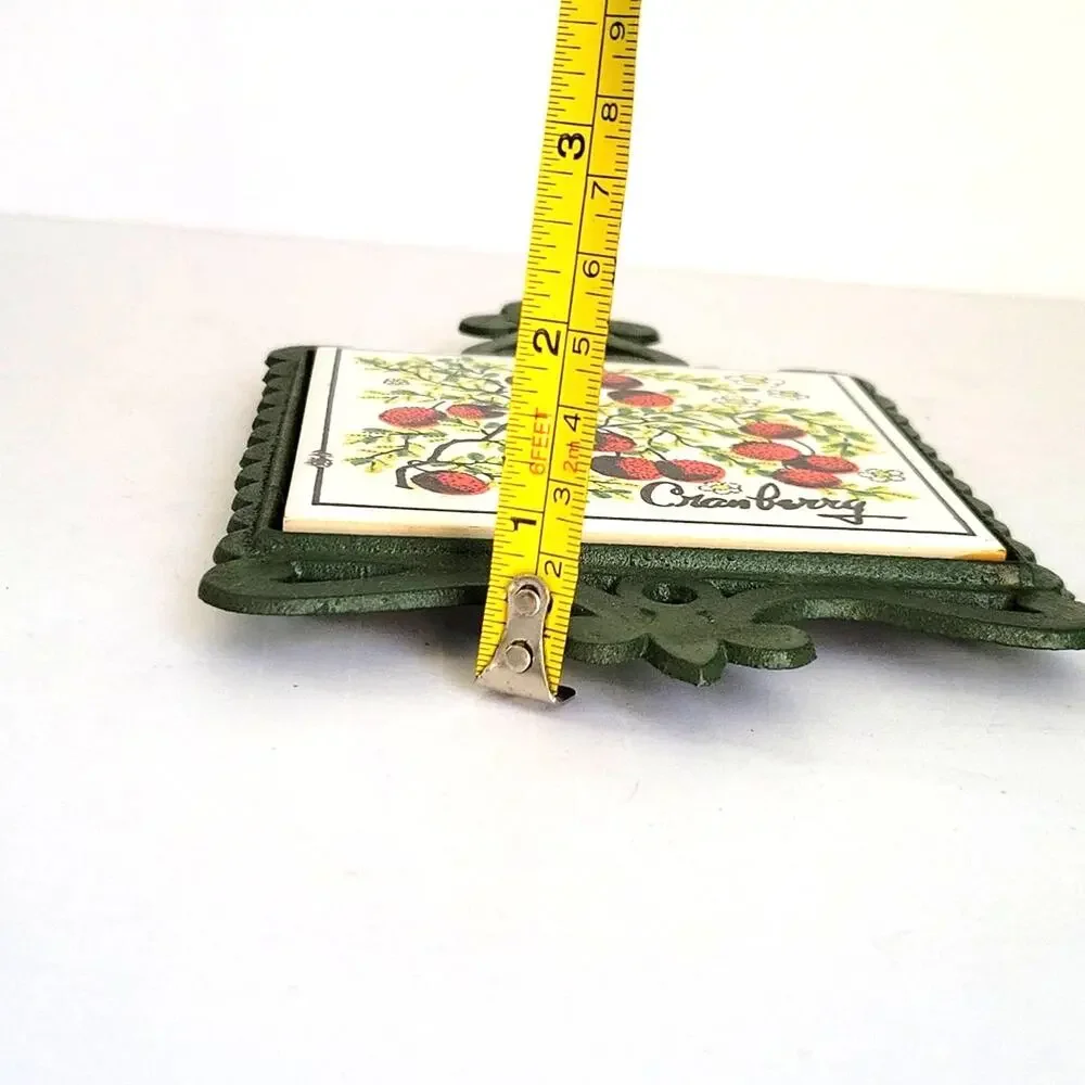 Vintage Mid Century Trivet Green Iron Cranberry Tile Footed Cottagecore Country